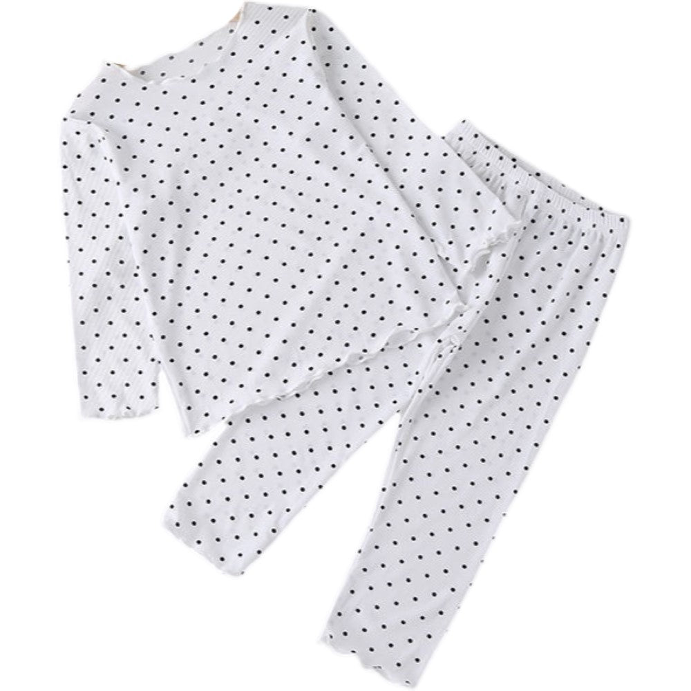 パジャマ ルームウェア 上下 2点セット キッズ ベビー 子供 女の子 長袖 カットソー ロングTシャツ ラウンドネック ロングパンツ 長ズボン メロウフリル ドット柄 水玉模様 トップス ボトムス 寝巻き 寝間着 おしゃれ かわいい 部屋着 ナイトウェア リラックスウェア 女児 子供服