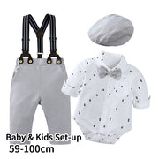 セットアップ 3点セット 帽子付き上下セット ロンパース ロングパンツ 子供服 ベビー キッズ 長袖 襟付き スタンダードカラー ヨット柄 蝶ネクタイ サスペンダー ハンチング帽 おしゃれ かっこいい お出かけ 衣装 イベント パーティー 写真撮影 お祝い事 プレゼント ギフト