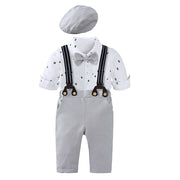 セットアップ 3点セット 帽子付き上下セット ロンパース ロングパンツ 子供服 ベビー キッズ 長袖 襟付き スタンダードカラー ヨット柄 蝶ネクタイ サスペンダー ハンチング帽 おしゃれ かっこいい お出かけ 衣装 イベント パーティー 写真撮影 お祝い事 プレゼント ギフト