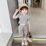 セットアップ 上下セット 2点セット ブラウス ハーフパンツ キッズ 女の子 トップス ボトムス 半袖 スクエアネック パフスリーブ ゴムウエスト 6分丈 裾ゴム ペプラム 総柄 花柄 ピンク レッド カラフル かわいい キュート 華やか リゾート着 夏