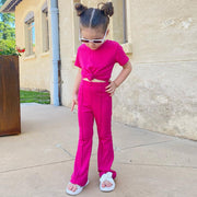 セットアップ 子供服 キッズ ベビー ジュニア 2点セット 半袖 トップス ロングパンツ フレアパンツ 長ズボン 上下セット 女の子 かわいい カジュアル