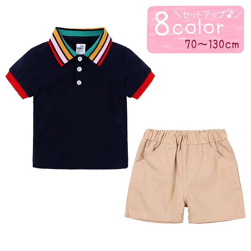 セットアップ 2点セット キッズ 子供 ベビー 赤ちゃん 男の子 女の子 上下セット トップス ボトムス 半袖 半ズボン ハーフパンツ ポロシャツ レギュラーカラー ボタン サッカーボール ワッペン アップリケ カラフル襟 ライン 無地 単色 ポケット付き シンプル おしゃれ カジュアル かっこいい 定番 かわいい ヘビロテ 着回し お出かけ スポーツ 運動 習い事 紺 赤 黄 白 ピンク 青