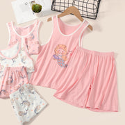 パジャマ 上下セット タンクトップ ハーフパンツ キッズ 子供服 男の子 女の子 ジュニア ノースリーブ 人魚柄 ウエストゴム かわいい 部屋着 寝間着 ルームウェア 女児 男児 白 ピンク