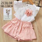 セットアップ 上下セット ブラウス 半ズボン キッズ 子供用 女の子 ノースリーブ ショートパンツ 夏服 ウエストゴム 無地 花 フリル かわいい おしゃれ お出かけ ガールズ 女児
