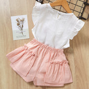 セットアップ 上下セット ブラウス 半ズボン キッズ 子供用 女の子 ノースリーブ ショートパンツ 夏服 ウエストゴム 無地 花 フリル かわいい おしゃれ お出かけ ガールズ 女児