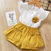 セットアップ 上下セット ブラウス 半ズボン キッズ 子供用 女の子 ノースリーブ ショートパンツ 夏服 ウエストゴム 無地 花 フリル かわいい おしゃれ お出かけ ガールズ 女児