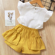 セットアップ 上下セット ブラウス 半ズボン キッズ 子供用 女の子 ノースリーブ ショートパンツ 夏服 ウエストゴム 無地 花 フリル かわいい おしゃれ お出かけ ガールズ 女児