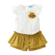 セットアップ 上下セット ブラウス 半ズボン キッズ 子供用 女の子 ノースリーブ ショートパンツ 夏服 ウエストゴム 無地 花 フリル かわいい おしゃれ お出かけ ガールズ 女児