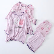 パジャマ ルームウェア 部屋着 上下セット キッズ ジュニア 女の子 子供服 7分袖 7分丈 薄手 丸首 メロウフリル ウサギ柄 ラウンドネック