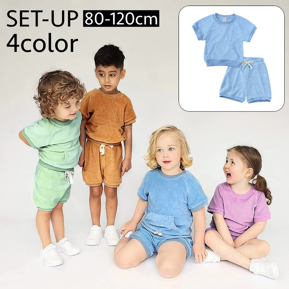 セットアップ 上下 2点セット キッズ ベビー 子供 女の子 男の子 半袖 カットソー Tシャツ ハーフパンツ 半ズボン ポケット 無地 シンプル パジャマ ルームウェア 寝間着 寝巻き カジュアル ラウンドネック ウエストゴム プルオーバー トップス ボトムス 子供服