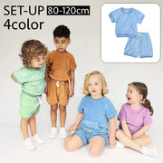 セットアップ 上下 2点セット キッズ ベビー 子供 女の子 男の子 半袖 カットソー Tシャツ ハーフパンツ 半ズボン ポケット 無地 シンプル パジャマ ルームウェア 寝間着 寝巻き カジュアル ラウンドネック ウエストゴム プルオーバー トップス ボトムス 子供服