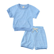 セットアップ 上下 2点セット キッズ ベビー 子供 女の子 男の子 半袖 カットソー Tシャツ ハーフパンツ 半ズボン ポケット 無地 シンプル パジャマ ルームウェア 寝間着 寝巻き カジュアル ラウンドネック ウエストゴム プルオーバー トップス ボトムス 子供服