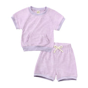 セットアップ 上下 2点セット キッズ ベビー 子供 女の子 男の子 半袖 カットソー Tシャツ ハーフパンツ 半ズボン ポケット 無地 シンプル パジャマ ルームウェア 寝間着 寝巻き カジュアル ラウンドネック ウエストゴム プルオーバー トップス ボトムス 子供服