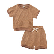 セットアップ 上下 2点セット キッズ ベビー 子供 女の子 男の子 半袖 カットソー Tシャツ ハーフパンツ 半ズボン ポケット 無地 シンプル パジャマ ルームウェア 寝間着 寝巻き カジュアル ラウンドネック ウエストゴム プルオーバー トップス ボトムス 子供服