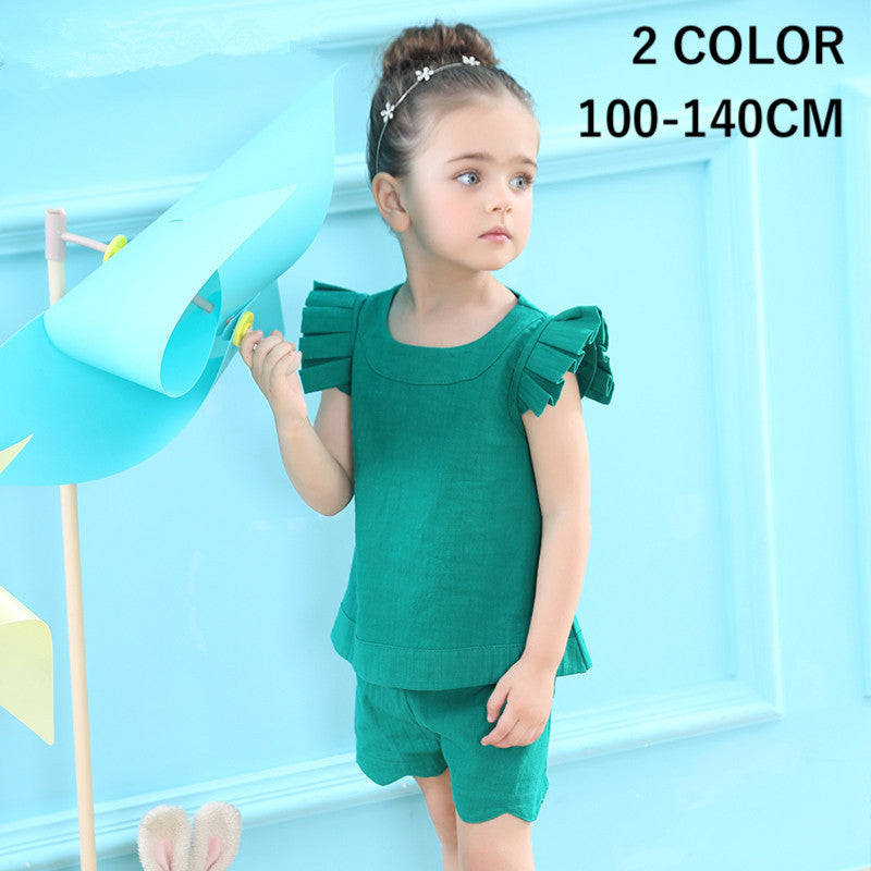 セットアップ 上下セット 半袖ブラウス 半ズボン キッズ 子供用 女の子 夏服 ショートパンツ ウエストゴム 無地 かわいい おしゃれ お出かけ ガールズ 女児 グリーン ピンク