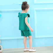 セットアップ 上下セット 半袖ブラウス 半ズボン キッズ 子供用 女の子 夏服 ショートパンツ ウエストゴム 無地 かわいい おしゃれ お出かけ ガールズ 女児 グリーン ピンク
