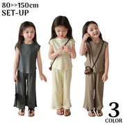 上下セットアップ キッズ 女の子 子供服 ノースリーブ ロング丈 ワイド ガウチョパンツ スカンツ スカーチョ 無地 きれいめ
