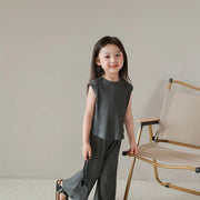 上下セットアップ キッズ 女の子 子供服 ノースリーブ ロング丈 ワイド ガウチョパンツ スカンツ スカーチョ 無地 きれいめ