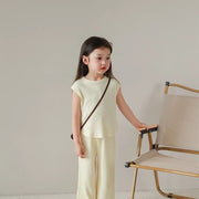上下セットアップ キッズ 女の子 子供服 ノースリーブ ロング丈 ワイド ガウチョパンツ スカンツ スカーチョ 無地 きれいめ