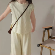 上下セットアップ キッズ 女の子 子供服 ノースリーブ ロング丈 ワイド ガウチョパンツ スカンツ スカーチョ 無地 きれいめ