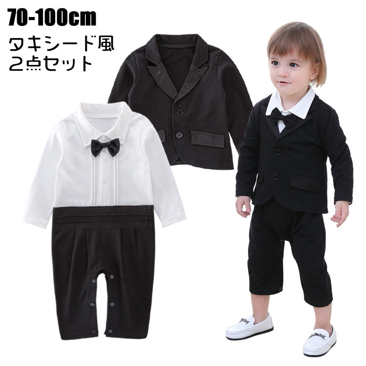 セットアップ 子供服 2点セット ベビー キッズ 男の子 カバーオール ロンパース ジャケット 長袖 長ズボン スーツ風 タキシード風 蝶ネクタイ 背広 上着 フォーマル おしゃれ パーティー イベント クリスマス 誕生日 結婚式 つなぎ 股下ボタン 男児 こども