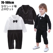 セットアップ 子供服 2点セット ベビー キッズ 男の子 カバーオール ロンパース ジャケット 長袖 長ズボン スーツ風 タキシード風 蝶ネクタイ 背広 上着 フォーマル おしゃれ パーティー イベント クリスマス 誕生日 結婚式 つなぎ 股下ボタン 男児 こども