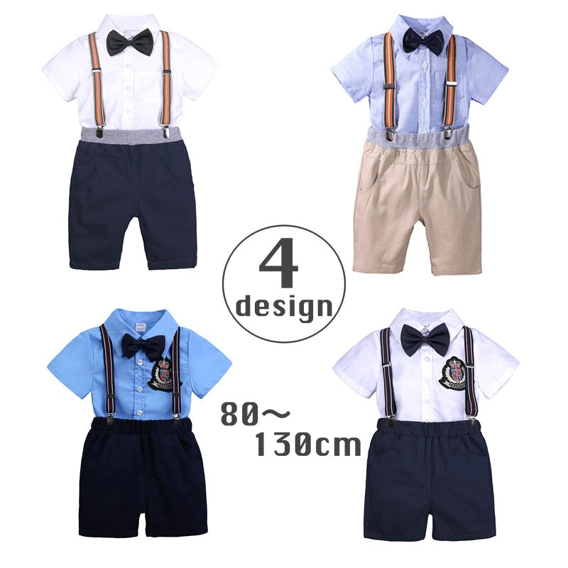 セットアップ スーツ 上下セット キッズ ベビー 男の子 子供用 トップス ボトムス シャツ ハーフパンツ 半ズボン 蝶ネクタイ サスペンダー シンプル おしゃれ かっこいい お呼ばれ 発表会 結婚式