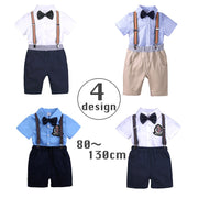 セットアップ スーツ 上下セット キッズ ベビー 男の子 子供用 トップス ボトムス シャツ ハーフパンツ 半ズボン 蝶ネクタイ サスペンダー シンプル おしゃれ かっこいい お呼ばれ 発表会 結婚式
