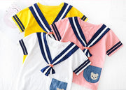 セットアップ ベビー 男の子 女の子 カットソー Tシャツ セーラー風 くま 半袖 クルーネック トップス パンツ かわいい