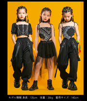 キッズダンス衣装 女の子 キッズ ジュニア セットアップ スクエアネック ブラック かっこいい クール HIPHOP ストリートダンス