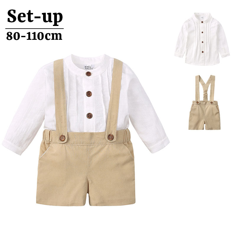 セットアップ 上下セット 子供服 長袖シャツ 半ズボン キッズ ベビー 男の子 サスペンダー バンドカラー 前開き ボタン 短パン ショートパンツ 無地 単色 きちんとスタイル おしゃれ かわいい セミフォーマル お呼ばれ パーティー 発表会 男児 男子 子ども こども