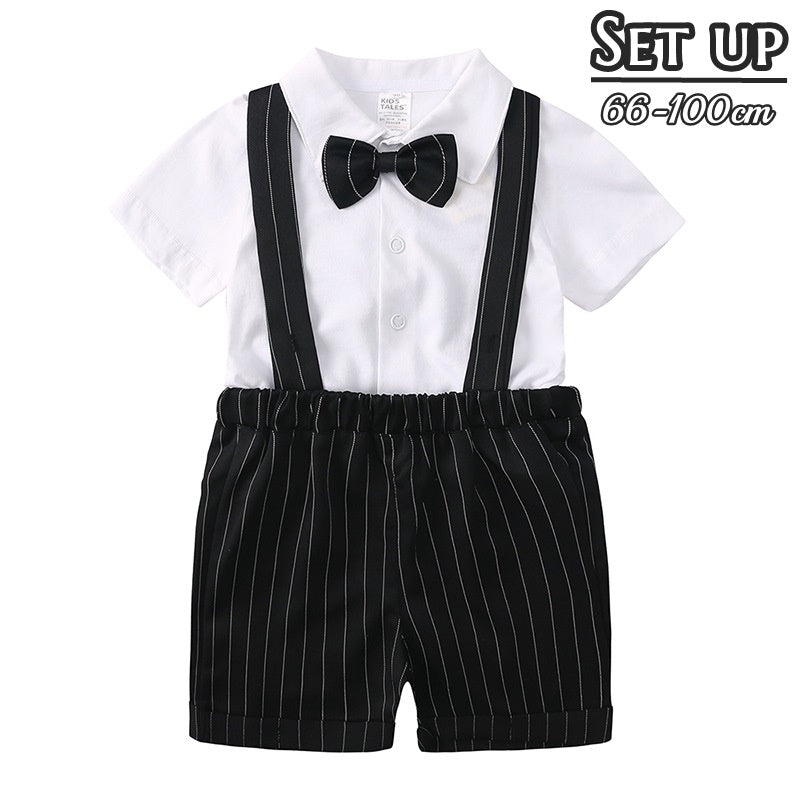 セットアップ 上下セット 子供服 キッズ ベビー 男の子 子ども こども 男児 半袖シャツ ショートパンツ 蝶ネクタイ 半ズボン サスペンダー ストライプ トップス ボトムス 短パン トップス ボトムス フォーマル おめかし お呼ばれ パーティー 発表会 結婚式 入園式 入所式 お洒落 可愛い