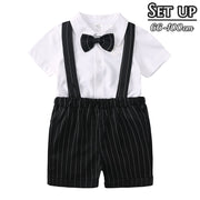 セットアップ 上下セット 子供服 キッズ ベビー 男の子 子ども こども 男児 半袖シャツ ショートパンツ 蝶ネクタイ 半ズボン サスペンダー ストライプ トップス ボトムス 短パン トップス ボトムス フォーマル おめかし お呼ばれ パーティー 発表会 結婚式 入園式 入所式 お洒落 可愛い