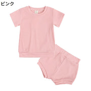 セットアップ 上下セット 2点セット キッズ ベビー 子供服 半袖 カットソー ショートパンツ 短パン 無地 シンプル パジャマ ルームウェア 寝間着 寝巻き カジュアル リブ ラウンドネック ウエストゴム プルオーバー トップス ボトムス 赤ちゃん 女の子 男の子 ガールズ ボーイズ 男児 女児 男女兼用 80cm 90cm 100cm 110cm 120cm