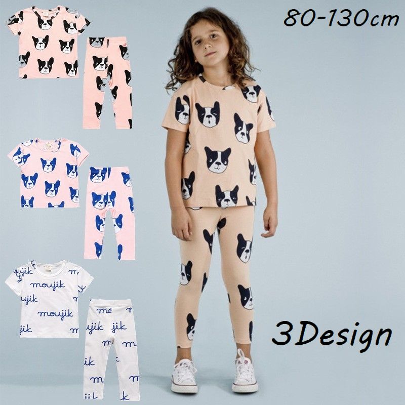 子供用パジャマ ルームウエア 部屋着 上下セットアップ 半袖Tシャツ カットソー ロングパンツ レギンス キッズ ベビー 子ども服 寝巻き 寝間着 トップス ボトムス レギパン 長ズボン ラウンドネック 丸首 セットインスリーブ 普通袖 プルオーバー 英字ロゴ プリント 犬 シンプル カジュアル ポップ おしゃれ かわいい リラックス 女の子 男の子 幼児 ボーイズ ガールズ