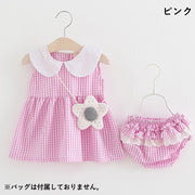 セットアップ チュニックワンピース ブルマー ブルマパンツ ノーズリーブ ギンガムチェック柄 ポシェット付き 子供服 ベビー服 ベビーウェア 女の子 女児 可愛い おしゃれ フリルパンツ 丸襟 上下セット 2SET お出掛け