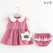 セットアップ チュニックワンピース ブルマー ブルマパンツ ノーズリーブ ギンガムチェック柄 ポシェット付き 子供服 ベビー服 ベビーウェア 女の子 女児 可愛い おしゃれ フリルパンツ 丸襟 上下セット 2SET お出掛け