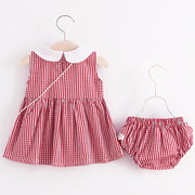 セットアップ チュニックワンピース ブルマー ブルマパンツ ノーズリーブ ギンガムチェック柄 ポシェット付き 子供服 ベビー服 ベビーウェア 女の子 女児 可愛い おしゃれ フリルパンツ 丸襟 上下セット 2SET お出掛け