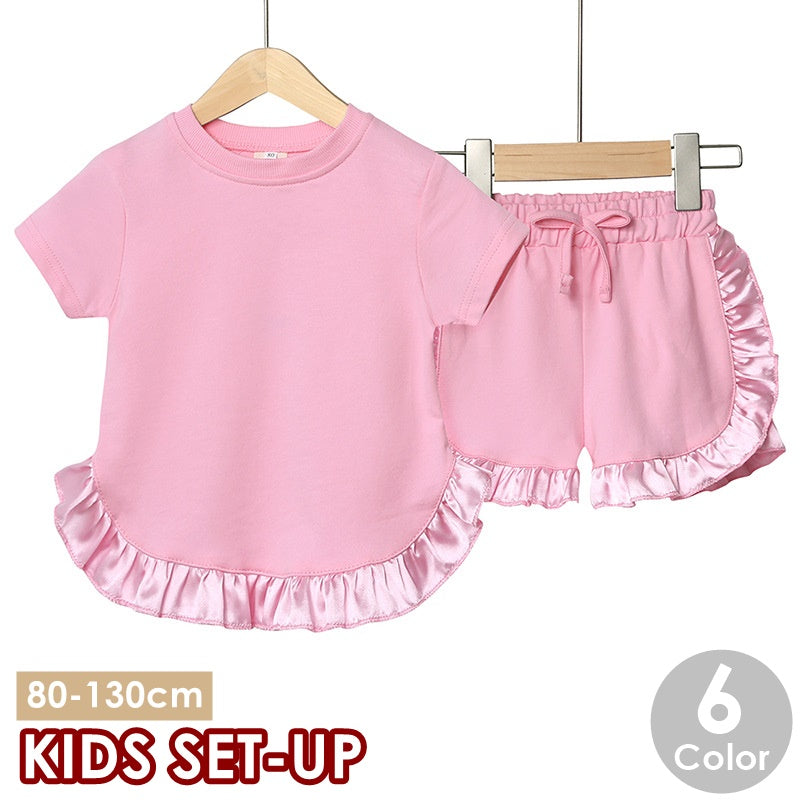 セットアップ 上下セット Tシャツ ショートパンツ キッズ ベビー 女の子 トップス ボトムス フリル 半袖 短パン 部屋着 ルームウェア 普段着 春夏 無地 単色 光沢 ひらひら フリフリ フリル シンプル 可愛い キュート