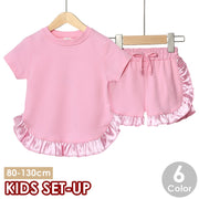 セットアップ 上下セット Tシャツ ショートパンツ キッズ ベビー 女の子 トップス ボトムス フリル 半袖 短パン 部屋着 ルームウェア 普段着 春夏 無地 単色 光沢 ひらひら フリフリ フリル シンプル 可愛い キュート