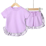 セットアップ 上下セット Tシャツ ショートパンツ キッズ ベビー 女の子 トップス ボトムス フリル 半袖 短パン 部屋着 ルームウェア 普段着 春夏 無地 単色 光沢 ひらひら フリフリ フリル シンプル 可愛い キュート