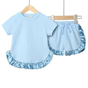 セットアップ 上下セット Tシャツ ショートパンツ キッズ ベビー 女の子 トップス ボトムス フリル 半袖 短パン 部屋着 ルームウェア 普段着 春夏 無地 単色 光沢 ひらひら フリフリ フリル シンプル 可愛い キュート