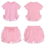 セットアップ 上下セット Tシャツ ショートパンツ キッズ ベビー 女の子 トップス ボトムス フリル 半袖 短パン 部屋着 ルームウェア 普段着 春夏 無地 単色 光沢 ひらひら フリフリ フリル シンプル 可愛い キュート