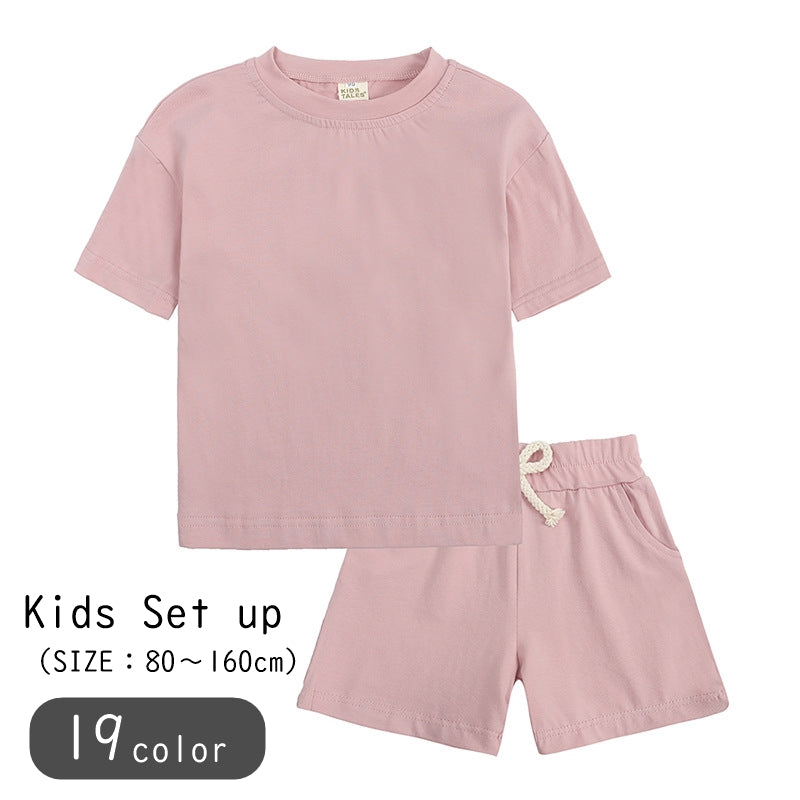 セットアップ 部屋着 ルームウェア Tシャツ カットソー ハーフパンツ 半ズボン キッズ ジュニア 男の子 女の子 ユニセックス 男女兼用 お揃い ペアルック 半袖 丸首 ラウンドネック クルーネック ゴムウエスト ウエスト紐 無地 ピンク グレー ブルー シンプル カジュアル かわいい キュート 春 夏