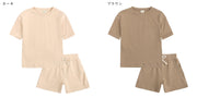 セットアップ 部屋着 ルームウェア Tシャツ カットソー ハーフパンツ 半ズボン キッズ ジュニア 男の子 女の子 ユニセックス 男女兼用 お揃い ペアルック 半袖 丸首 ラウンドネック クルーネック ゴムウエスト ウエスト紐 無地 ピンク グレー ブルー シンプル カジュアル かわいい キュート 春 夏