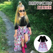 セットアップ 上下 3点セット キッズ ベビー 子供用 女の子 トップス ボトムス ショートパンツ ロングスカート風 ラウンドネック ベルスリーブ 花柄 フラワー 無地 シンプル リボン フリル お洒落 かわいい お出かけ 普段使い