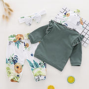 セットアップ 上下セット 4点セット 子供 ベビー キッズ 女の子 トップス ボトムス パンツ 長袖 長ズボン フード付き バンダナ付き ラウンドネック 肩フリル 無地 イラスト入り 花 葉 ナチュラル ウエストゴム 裾ゴム かわいい おしゃれ  定番 ヘビロテ お出かけ 遊び 緑