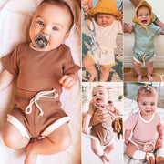 セットアップ 上下セット 2点セット ベビー 赤ちゃん キッズ 子供服 半袖 カットソー ショートパンツ 短パン 無地 バイカラー シンプル パジャマ ルームウェア 寝間着 寝巻き カジュアル リブ ラウンドネック ウエストゴム プルオーバー トップス ボトムス 女の子 男の子 ガールズ ボーイズ 男児 女児 男女兼用 70cm 80cm 90cm 100cm 110cm