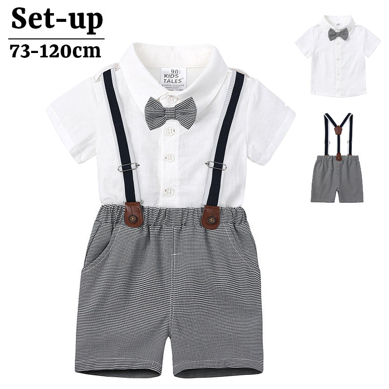 セットアップ 上下セット 子供服 キッズ ベビー 男の子 半袖シャツ ショートパンツ 蝶ネクタイ 半ズボン サスペンダー チェック 格子柄 トップス ボトムス 短パン トップス ボトムス お呼ばれ パーティー 発表会 結婚式 おしゃれ かわいい 子ども こども 男児