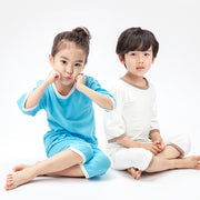 ルームウェア 部屋着 パジャマ 上下 セットアップ キッズ 子供服 春夏 薄手 無地 7分袖 半袖 半ズボン 7分丈 寝巻き 寝間着 ナイトウェア トップス Tシャツ プルオーバー ボトムス ショートパンツ ハーフパンツ 短パン クロップドパンツ ラウンドネック 丸首 ウエストゴム バイカラー シンプル カジュアル ジュニア 子ども こども 幼児 女の子 男の子 秋